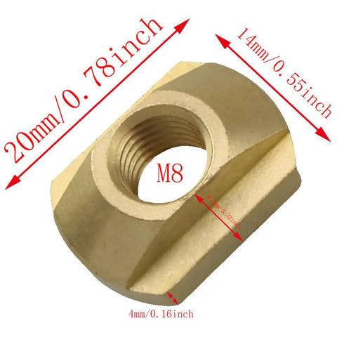 4 Pack Brass Rail Nuts M8 T Shaped Buoyancy Wing Plates for Surfboard Gear, 0.55 by 0.78 inches, corrosion resistant copper alloy.