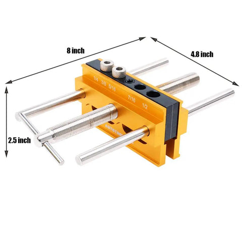 Self Centering Doweling Jig Kit For 6 Inch Dowel Jig With 6 Drill Guide Bushings, metal tool with measurements shown
