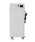 DTF Fume Extractor Sweeping Shop Smog From Powder Shakers And Sublimation Gear Boots Up With 176 Watts To Shift 202 Cubic Meters Of Air Hourly. Grey unit with wheels for mobility.