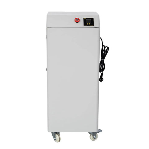 DTF Fume Extractor Sweeping Shop Smog From Powder Shakers And Sublimation Gear Boots Up With 176 Watts To Shift 202 Cubic Meters Of Air Hourly. Grey unit with wheels for mobility.