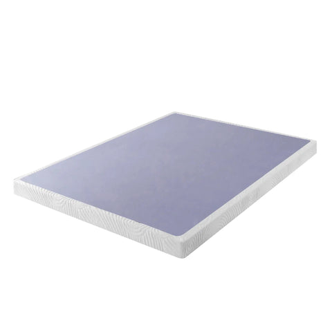 Full Size 4 Inch Low Profile Wood Box Spring Mattress Foundation with thick slats, suitable for memory foam or latex mattresses.