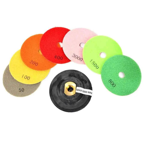 8 Piece Diamond Polishing Pad Set in Grits with Backer Pad from 4 Inch Variable Speed Wet Polisher Kit for Granite and Concrete