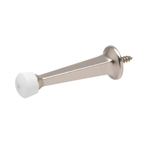 Heavy Duty Door Stoppers For Bottom Of Door Solid Metal Baseboard Mounted Screw In Wall And Floor Protector Satin Nickel Finish 3 Inch 8 Pack, single door stopper with white tip.