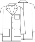 Front and back view of Pro Grade White Lab Coat For Men With 4 Pockets Notched Lapel And Three Button Front Closure 31 Inch Long