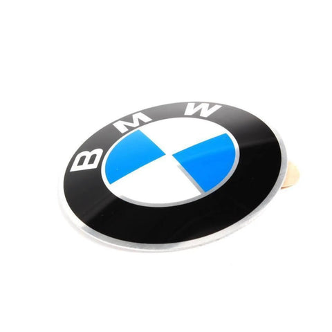 BMW Insignia Stamped OEM Part 36 13 6 758 569 Direct Fit Badge circular emblem, close-up view, blue and white logo.