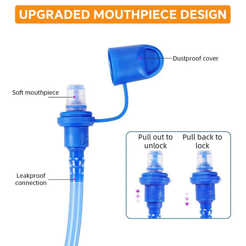 Upgraded mouthpiece of the 5L Hydration Vest Backpack With 2L Water Bladder showing dustproof cover and soft leakproof connection.