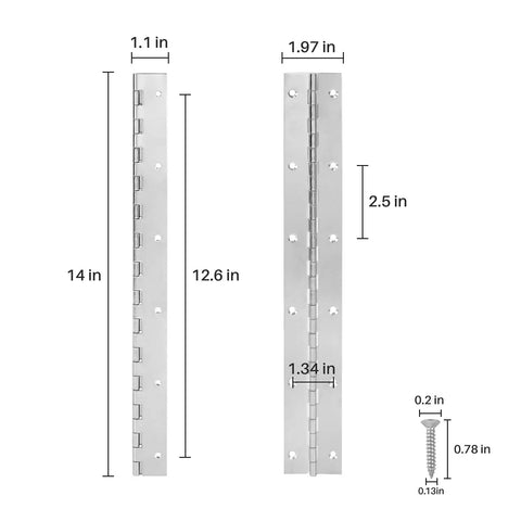 Marine Grade Stainless Steel Piano Hinge 14 Inch By 2 Inch With High Polish Finish dimensions and screw details