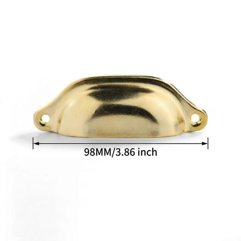 Vintage Half Moon Cup Pulls 30 Pack Pressed Steel Cabinet Handles Kickass Yellow Top Shelf, 98MM size shown.