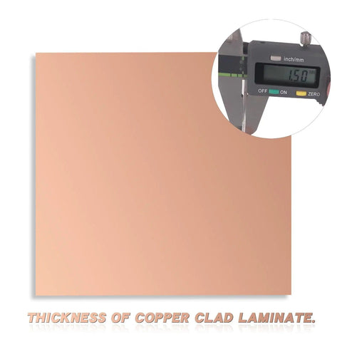 Single Sided FR-4 Copper Clad PCB Laminate For DIY Etching And Prototyping, 100x100mm, 1.5mm Thick, showing caliper thickness measurement