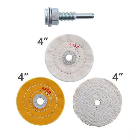 Get These 4 Inch 4 Pack Cotton Buffing Wheels For Your Electric Drill To Shine Stainless Steel Aluminum And Jewelry Fast Without Scratches. Three 4" cotton buffing wheels with different textures for polishing.