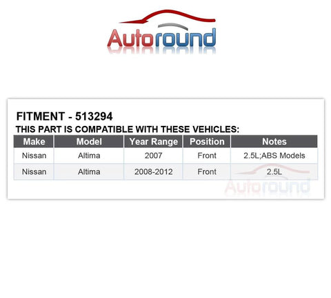 Compatibility chart for Front Wheel Bearing And Hub Assembly 2 Pack For Nissan Altima 2007 2008 2009 2010 2011 2012 2.5L