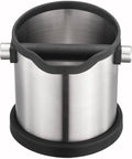 Heavy Duty Stainless Steel Coffee Knock Box With Removable Base For Quick Espresso Grounds Tossing Zero Mess Home Bar Counter Stress Free Cleanup Smooth Flow, showing sleek design and durable material.