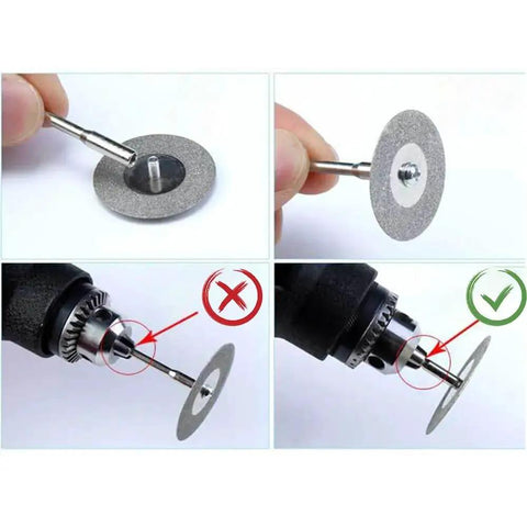 Versatile Mini Diamond Cutting Disc Set For Grinding And Precise Slicing Of Gemstones Glass Ceramics Rocks Aluminum Copper Super Thin Dual Sided Edge Coated High Durability Abrasive Tools showing installation steps for proper attachment.