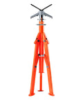 Front view of orange steel pipe stand with folding tripod legs and V-head top.