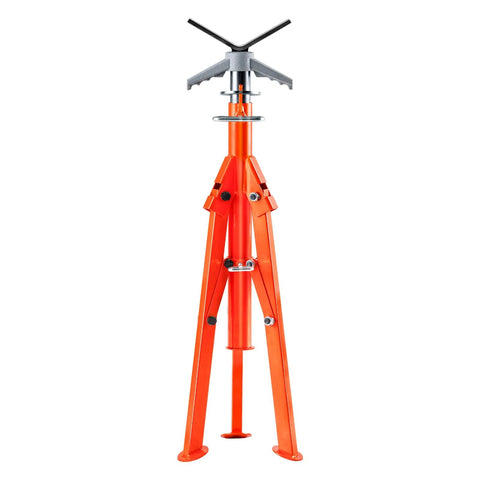 Front view of orange steel pipe stand with folding tripod legs and V-head top.