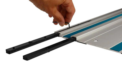 Kickass Heavy Duty Guide Rail Connector for Precise Track Saw Cuts shown with steel clip locking rails in place.