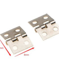 Close-up of 8mm x 10mm silver hinges showing measurements for 12 Pack Silver Butt Hinges For Cabinets And Drawers, Dollhouse Miniature Furniture
