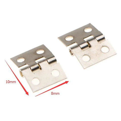Close-up of 8mm x 10mm silver hinges showing measurements for 12 Pack Silver Butt Hinges For Cabinets And Drawers, Dollhouse Miniature Furniture