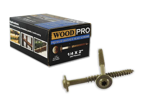 Premium Pro Grade Heavy Duty 1/4 Inch By 2 Inch Round Washer Head Exterior Wood Screws 50 Pack With T25 Torx Star Drive Golden E Coat Finish in packaging.