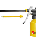 Yellow dual spout metal pump oiler for cars and machinery, featuring a 3-inch straight and 9-inch flexible spout for precise lubrication.