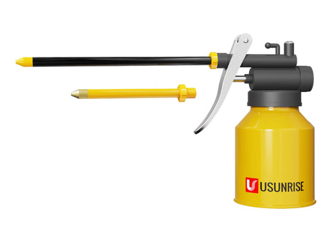 Yellow dual spout metal pump oiler for cars and machinery, featuring a 3-inch straight and 9-inch flexible spout for precise lubrication.