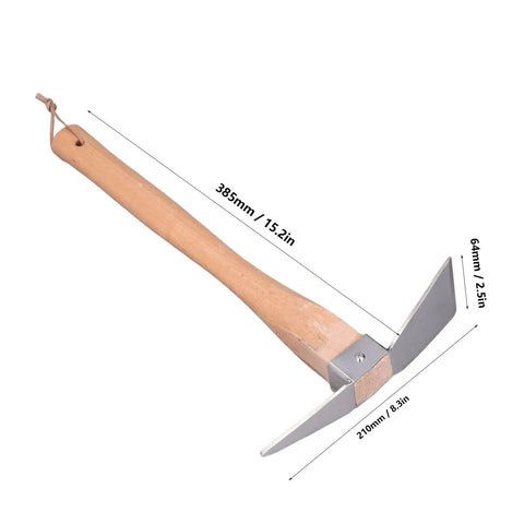 Heavy Duty Pick Mattock Hoe Tool For Digging And Breaking Ground With Stainless Steel Blade And Solid Wood Handle, dimensions shown