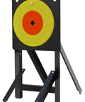 Large Caliber Spoiler Alert Target Stand in black steel, featuring a bright yellow 10-inch target, for range practice.