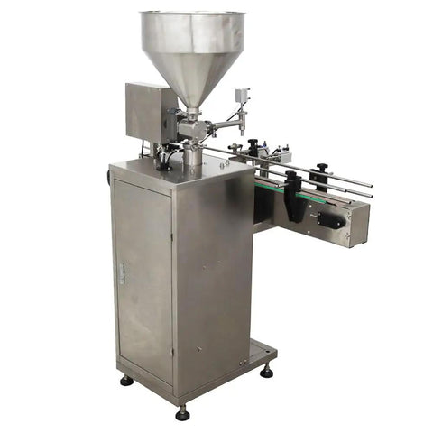 Badass Auto Liquid Filling Machine With Single Head Servo Pump And Steel Conveyor Belt For Viscous Sauces Honey Jam Bottling Shop Grade No Fuss 110V Rig, stainless steel with funnel.