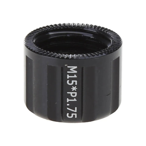Super Durable Aluminum Bike Thru Axle Nut 12mm 15mm Thread Quick Release Cap close-up view, black anodized finish.