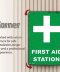 12 By 8 Inch Aluminum First Aid Station Sign Durable Rust Resistant Metal With High Contrast Readable Lettering, corner detail.