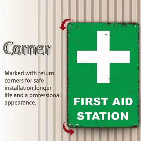 12 By 8 Inch Aluminum First Aid Station Sign Durable Rust Resistant Metal With High Contrast Readable Lettering, corner detail.