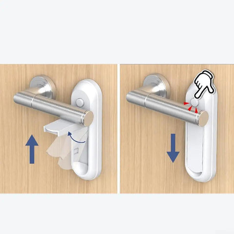 Grab-And-Go Portable Anti-Open Door Lock For Home And Travel showing installation and one-touch release on a door handle.