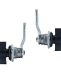 Two thumb operated offset cam locks with black handles provide quick keyless security for cabinets, drawers, mailboxes, RV compartments and lockers