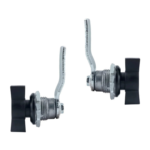 Two thumb operated offset cam locks with black handles provide quick keyless security for cabinets, drawers, mailboxes, RV compartments and lockers