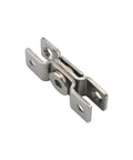 Stainless steel damping torque hinge component, close-up view, mounting flanges