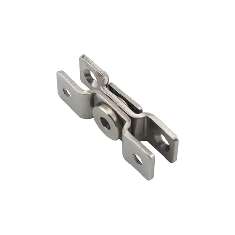 Stainless steel damping torque hinge component, close-up view, mounting flanges