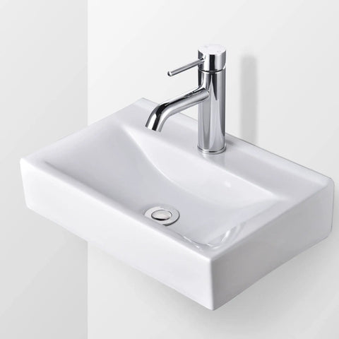 Porcelain Bathroom Vessel Sink 18 By 12 Inch Rectangle With Pop Up Drain For Wall Mount Or Countertop, White Minimalist Modern Lavatory Basin