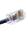 Close-up of an RJ45 Ethernet cable plug, highlighting wire arrangement and clear connector, part of Telemaster Modular Plug Crimp Tool.