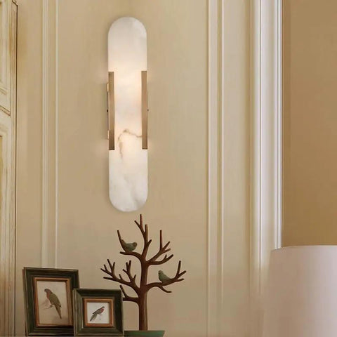 Backplate Sconce With Alabaster Shade Modern Bathroom Wall Light Sleek Design and Thick Backplate Wrapped Center on wall