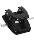 Black durable steel two hole puncher for office use with one quarter inch punch, two and three quarter inch center spacing, on white background.