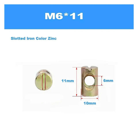 Dope Furniture Barrel Nuts And Hammer Embedded Bolts Set for Wood Connections showing M6x11 size zinc coated cross dowel