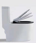 Square White Toilet Seat With Soft Close Lid And Quick Release Hardware For Straightforward Bathroom Upkeep Ergonomic Fiber Shell shown from side angle with lid lifted.