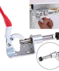 Four Pack Vertical Toggle Clamp Set With Red PVC Handle for welding and assembly, showing clamp mechanism and grip details.