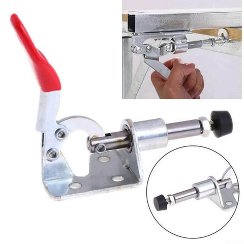 Four Pack Vertical Toggle Clamp Set With Red PVC Handle for welding and assembly, showing clamp mechanism and grip details.