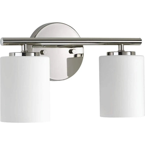 Two Light Vanity Light With Etched White Glass Modern Bath Fixture In Polished Nickel Finish For A Sleek Contemporary Vibe Easy Installation And Quality Illumination, front view