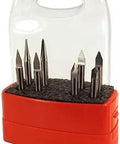 CNC Engraving Router Bit Set 8Pc Kit With 1/4 Inch Shank displayed in a red and clear plastic case