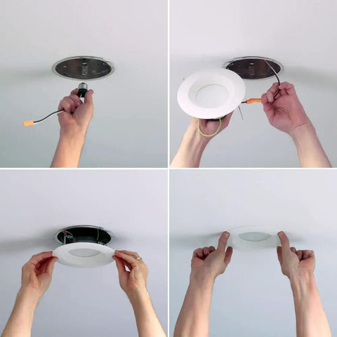 Installation of Upgrade Recessed Lighting With A Six Pack Of Indoor Outdoor LED Retrofit Trim Can Lights In 5 Inch And 6 Inch Sizes