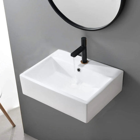 Rectangular Wall Mount Vessel Sink for Bathroom 21x16 White Porcelain Ceramic Above Counter Vanity Lavatory Basin With Single Faucet Hole