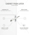 Press To Open Cabinet Latch For Handle Free Doors Aluminum Alloy Silver Finish, compact design, shown installed on cabinet.