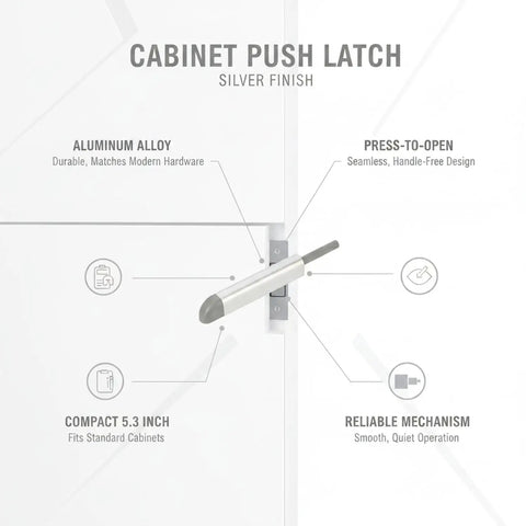 Press To Open Cabinet Latch For Handle Free Doors Aluminum Alloy Silver Finish, compact design, shown installed on cabinet.
